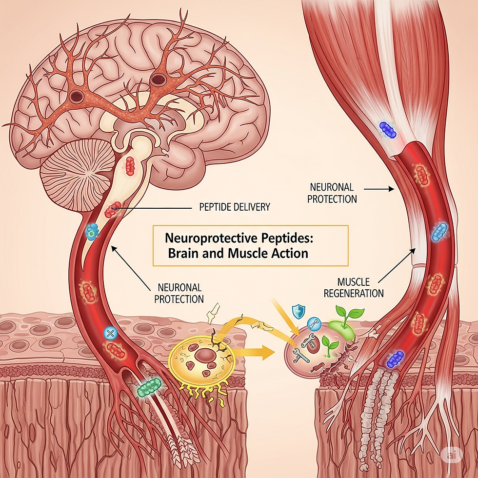Esquema de peptídeos neuroprotetores atuando contra neurônios degenerados.