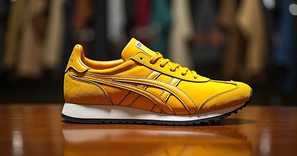 Tênis Onitsuka Tiger amarelo estiloso exposto em vitrine elegante no bairro Jardins, São Paulo