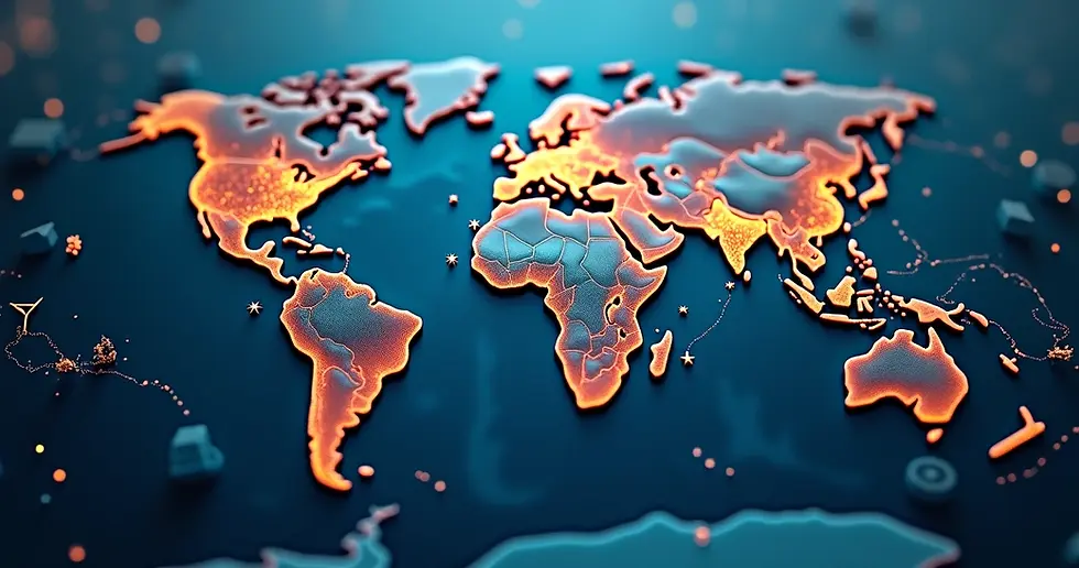 Mapa estilizado mostrando Europa e América Latina conectadas por linhas de interligação simbólicas e elementos de sustentabilidade, comércio e tecnologia