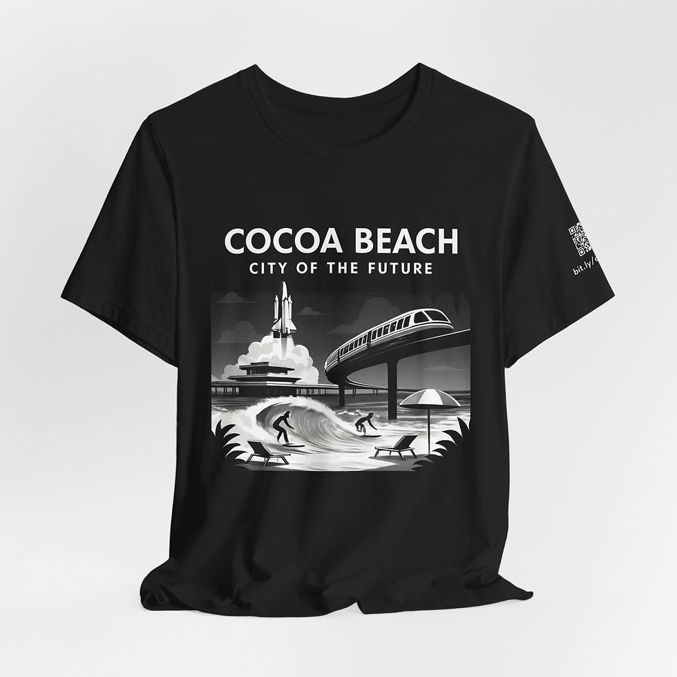 Thumbnail: Cocoa Beach "City of the Future" Graphic Tee — Retro Surf & Space Age Design