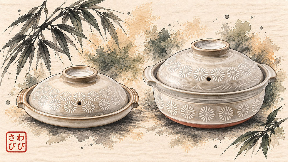 Toban-yaki and donabe watercolor image with background, with a red わびさび stamp in the lower left.