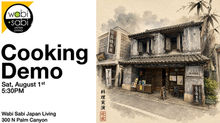 Cooking demo flyer featuring a traditional Edo-period merchant building along Naritasan Omotesando in Narita, Japan. Flyer includes the August 1 cooking demo date, time, location, and Japanese recipes event information.