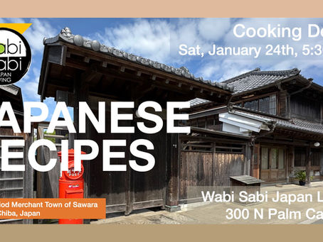 Cooking demo flyer image featuring an Edo-period merchant building in Sawara. Text promotes Hot Pot Cooking Demo, January 24