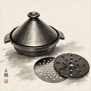 Black and white illustration of a tajine donabe pot with lid, perforated steamer insert, and induction plate. Japanese characters on left. Simple background.