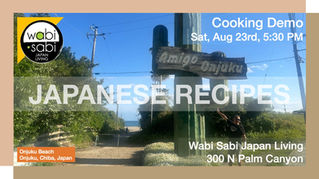 Sign at Onjuku Beach with "JAPANESE RECIPES" overlay. Announcing a cooking demo on Sat, Aug 23rd, 5:30 PM. Blue sky background.