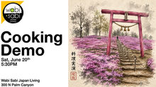 Cooking demo flyer featuring a red Shinto torii set against vibrant pink moss phlox at Higashimokoto Shibazakura Park in Ōzora, Hokkaido, Japan. Flyer includes cooking demo date, time, location, and Japanese recipes event information.