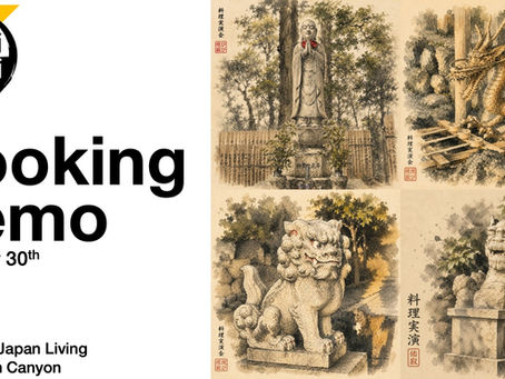 Wabi Sabi Japan Living cooking demo poster with Japanese shrine art, dragon and stone statues; Sat, May 30th, 5:30PM, 300 N Palm Canyon