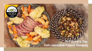 Plates of corned beef, cabbage, carrots, potatoes, and Brussels sprouts on patterned dishes. Text: St Patrick’s Day Irish-Japanese Fusion Recipes.
