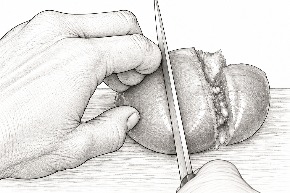 Hands slice a hot dog on a wooden board, exposing filling, in a black-and-white sketch.