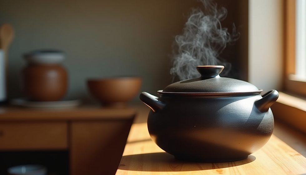 Steaming donabe pot on a sunlit wooden counter. Blurred background shows brown kitchenware. Warm, cozy kitchen atmosphere.