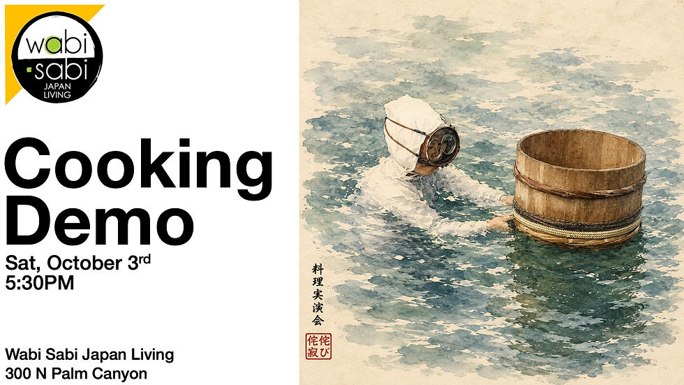 Cooking demo invite featuring a Japanese watercolor image of an ama pearl diver in the waters off Mikimoto Pearl Island in Toba, Mie Prefecture, Japan. The invite includes the October 3 cooking demo date, 5:30 PM time, location, and Japanese recipes event information.