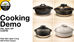 Cooking demo flyer with four donabe pots, black and white with patterns. Text reads: Wabi Sabi Japan Living, April 18th, 5:30 PM, 300 N Palm Canyon.