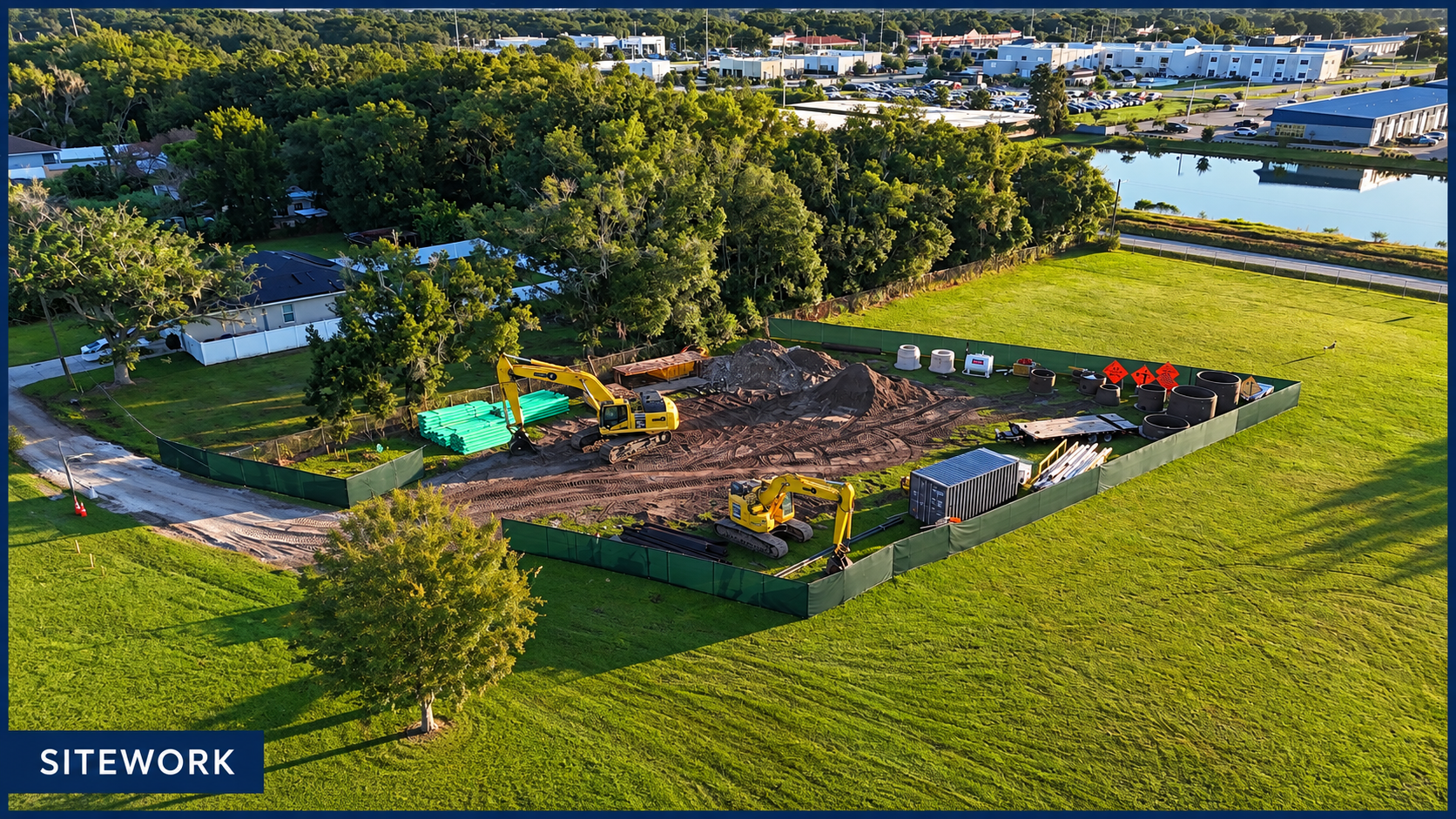 Aerial view of a DUS sitework project with excavators, utility pipe and drainage structures