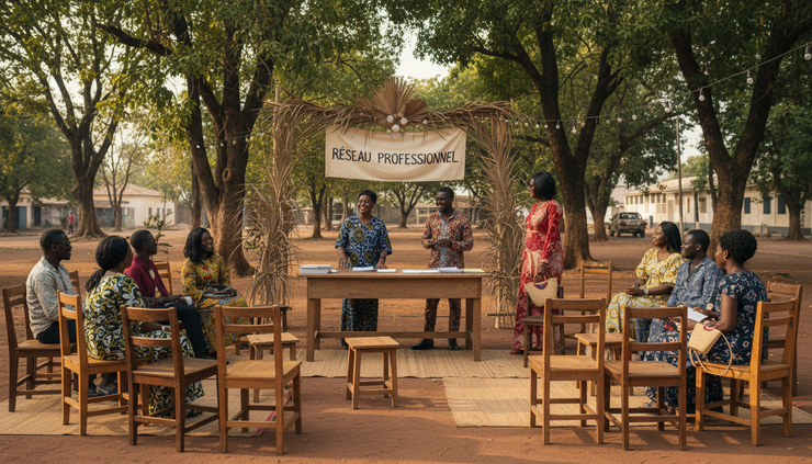 Wide-angle view of a welcoming outdoor venue entrance in Conakry prepared for a professional gathering.