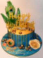 Blue Gold Peacock drip cake Sheffield