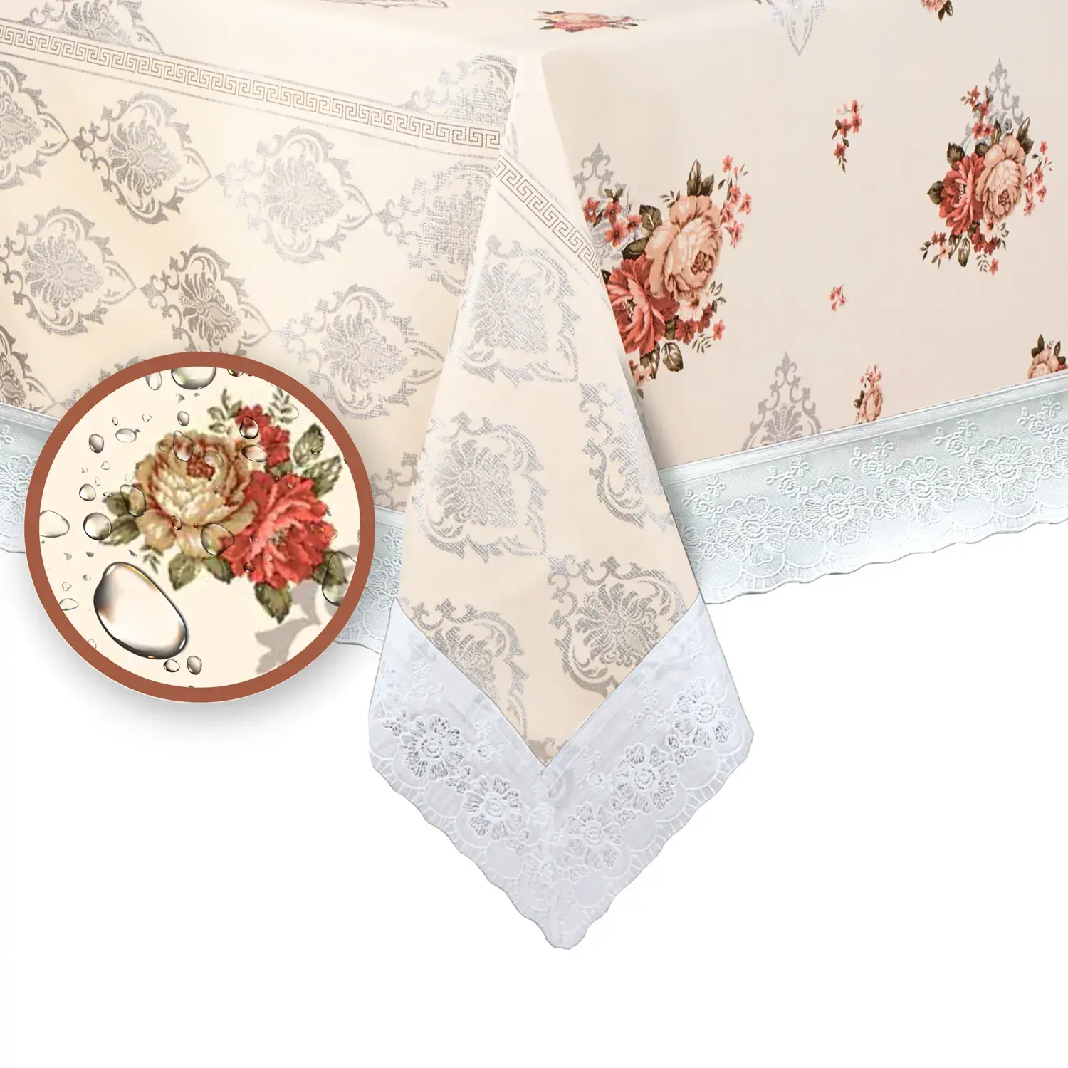 Bu, krem arka plana sahip ve üzerinde krem ile turuncu çiçekler bulunan bir PVC masa örtüsüdür. Kenarları ise gümüş renginded