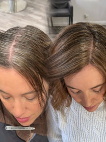 Before and after photo of a gray blending salon service, featuring natural gray roots transitioning to a blended, soft, and natural-looking gray with highlights.