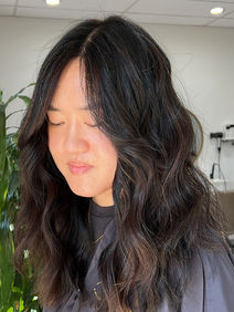 Gray blending color technique for a seamless transition from natural gray hair on dark hair to ends.