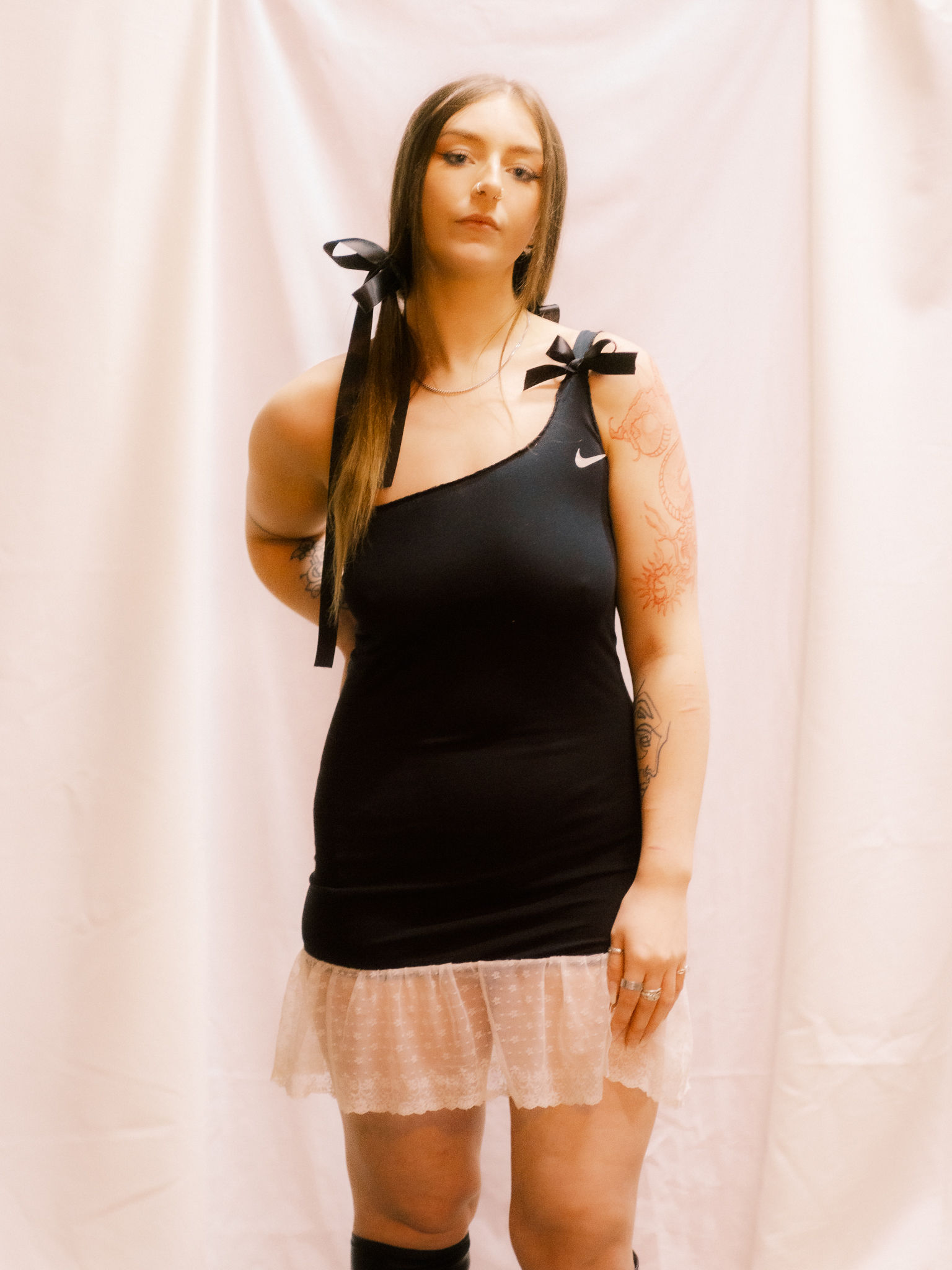 Rework Nike black one shoulder frilly mini dress