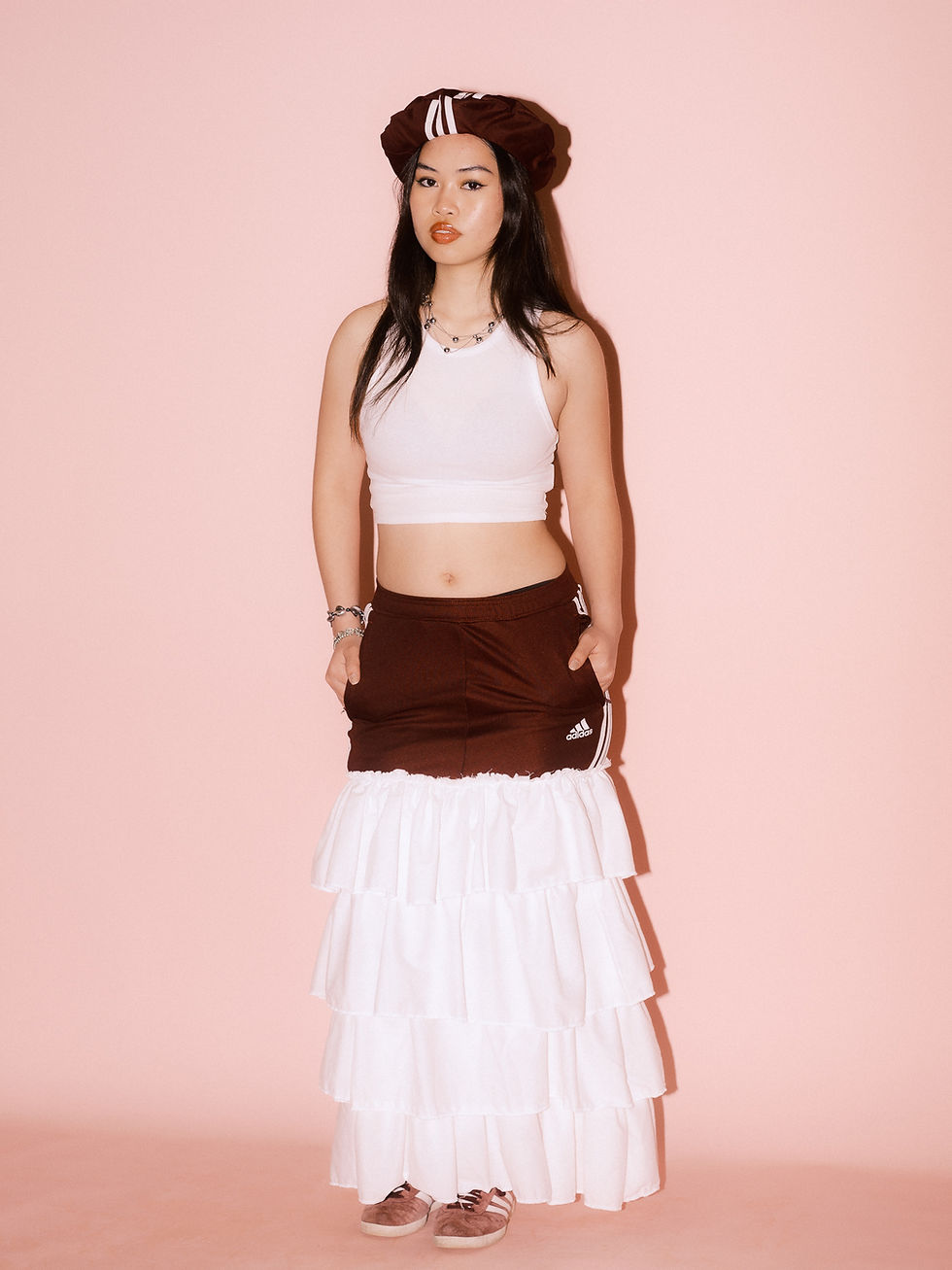 Thumbnail: Reworked vintage Burgundy Adidas frill-seeker skirt