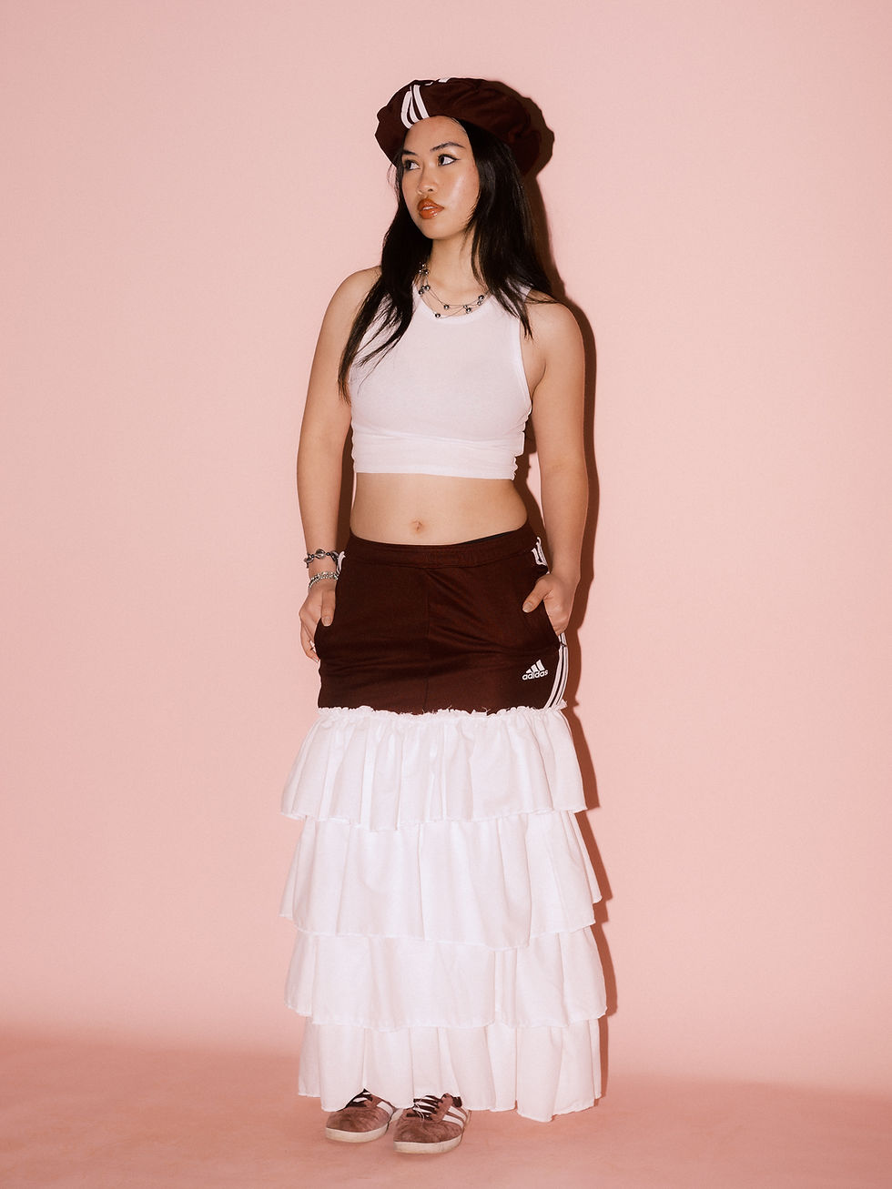 Thumbnail: Reworked vintage Burgundy Adidas frill-seeker skirt