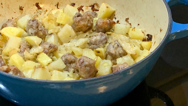 Kielbasa with Roasted Garlic Sauerkraut & Potatoes