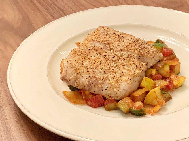 Cajun Tripletail Fish with Zucchini Medley