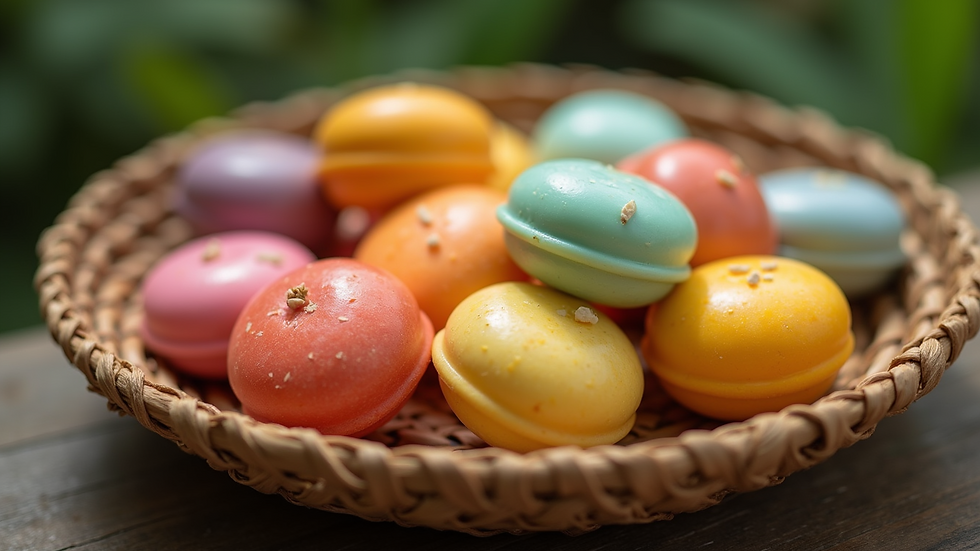 Close-up view of colorful handcrafted soaps arranged in a traditional Fijian basket
