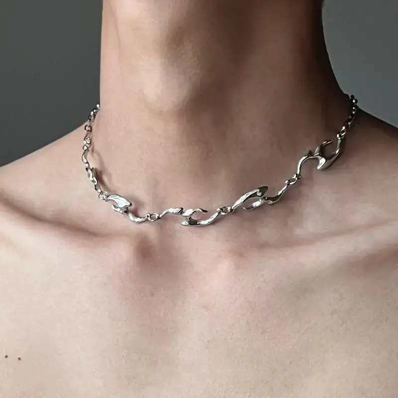 Thumbnail: Punk Silver Color Thorny Choker Necklaces Metal Irregular Flame Shape