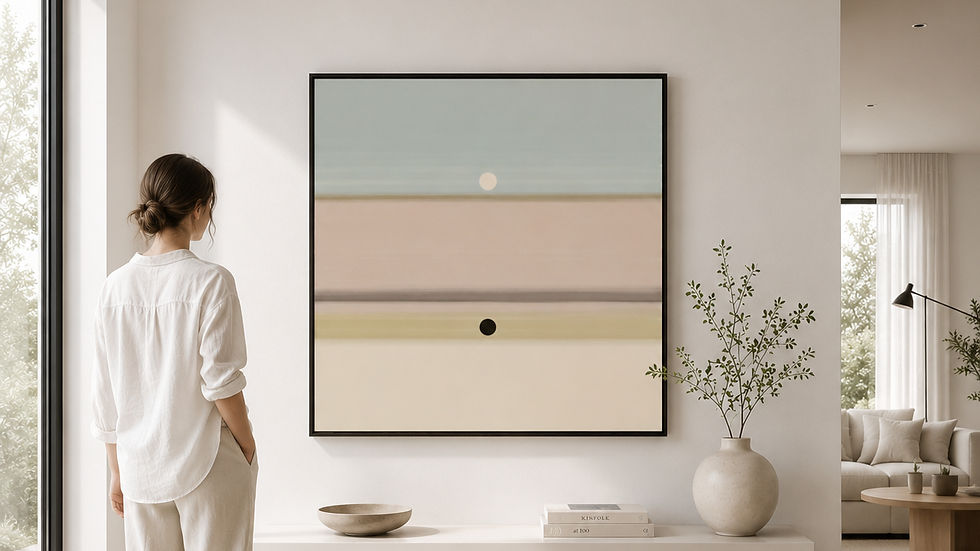 Fading Memory abstract wall art featuring layered horizontal color fields with dark and white circles symbolizing memory and the passage of time.