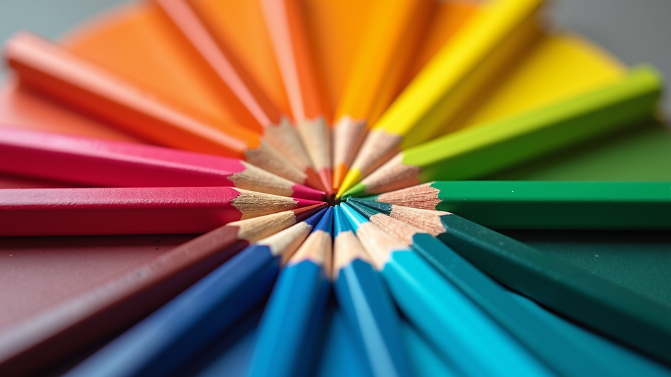 Close-up view of colored pencils arranged in a rainbow spectrum