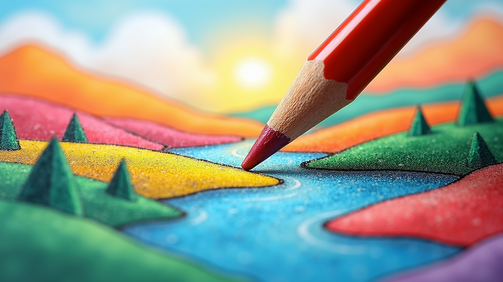 Eye-level view of a colorful landscape drawing made with color pencils