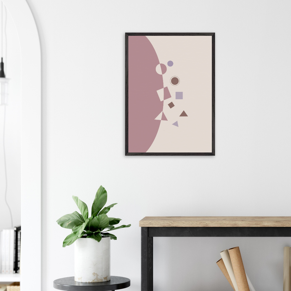 Letting Go — framed abstract art, outward-dispersing geometric forms, rose tones, Pencil Spark 2026