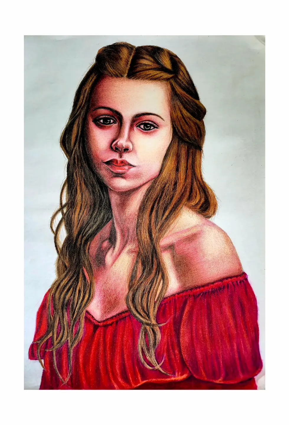 realistic colored pencil portrait of a woman with long brown hair wearing an off-shoulder crimson red dress, looking forward 
