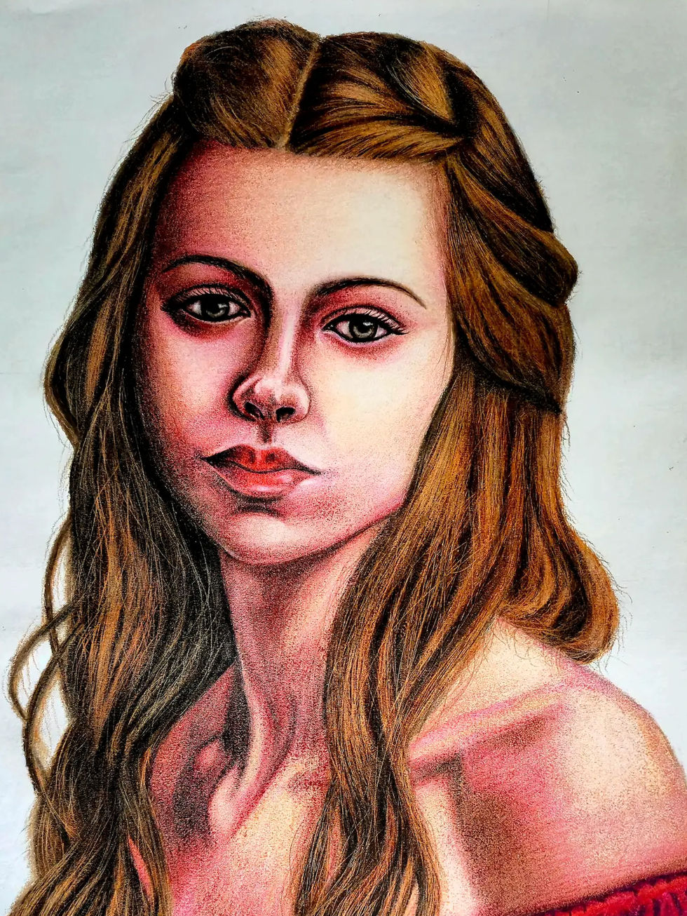 realistic colored pencil portrait of a woman with long brown hair wearing an off-shoulder crimson red dress, looking forward 