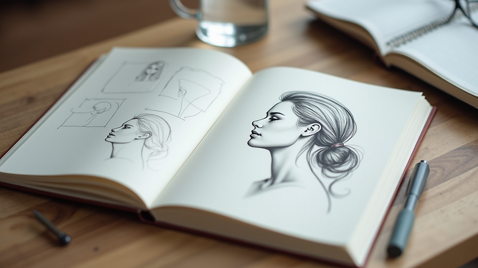Eye-level view of a sketchbook with basic shapes for portrait drawing