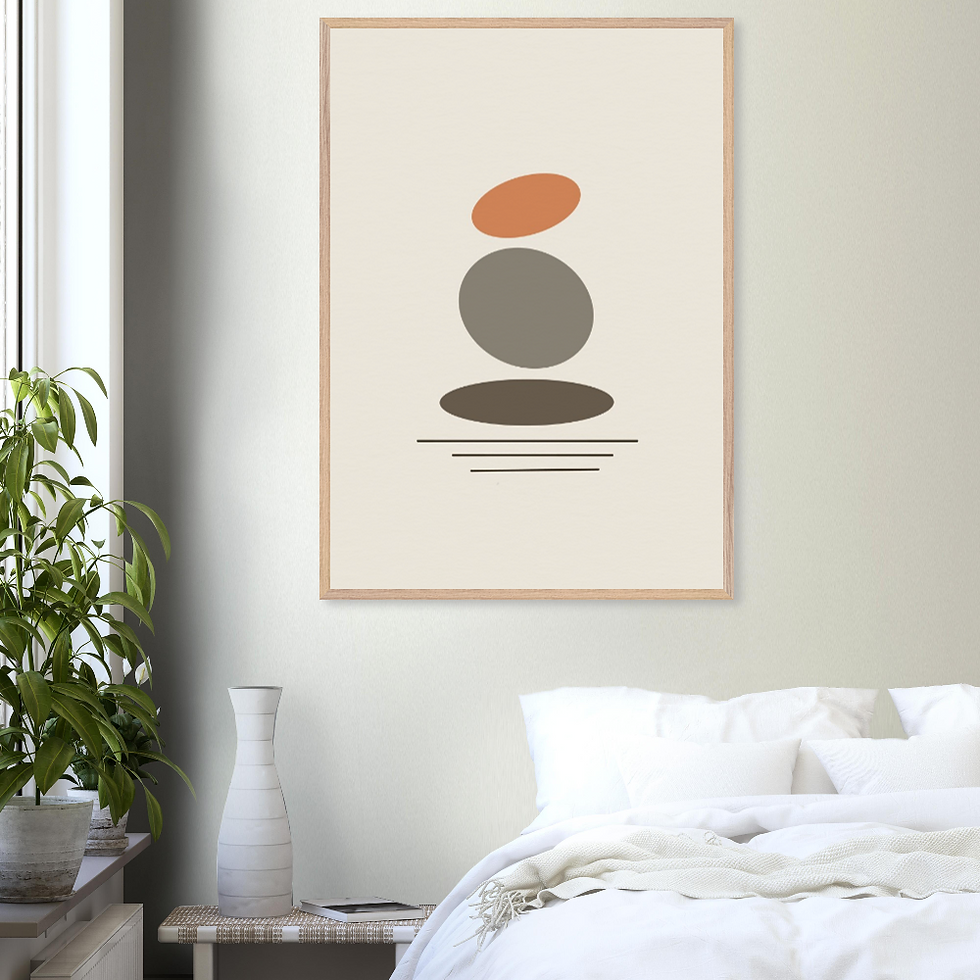 Held in Balance — limited edition framed zen minimalist stacked-form wall art, warm neutral tones, Pencil Spark 2026