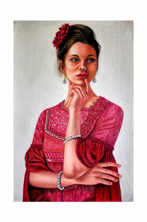 realistic colored pencil portrait of a woman in a red dress with floral hair accessory, posing thoughtfully with hand near he