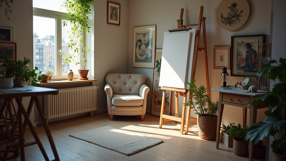 High angle view of a softly lit art studio