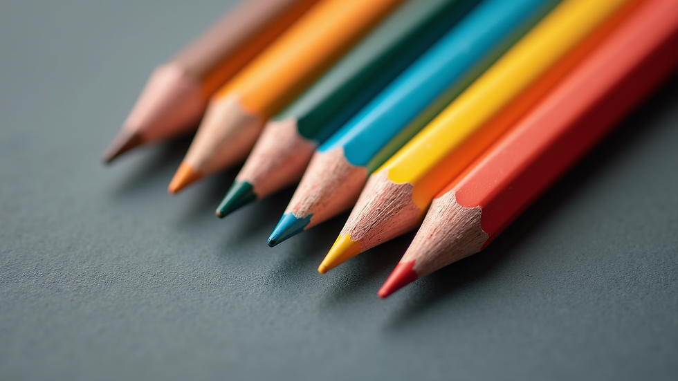 Close-up view of various color pencils arranged neatly