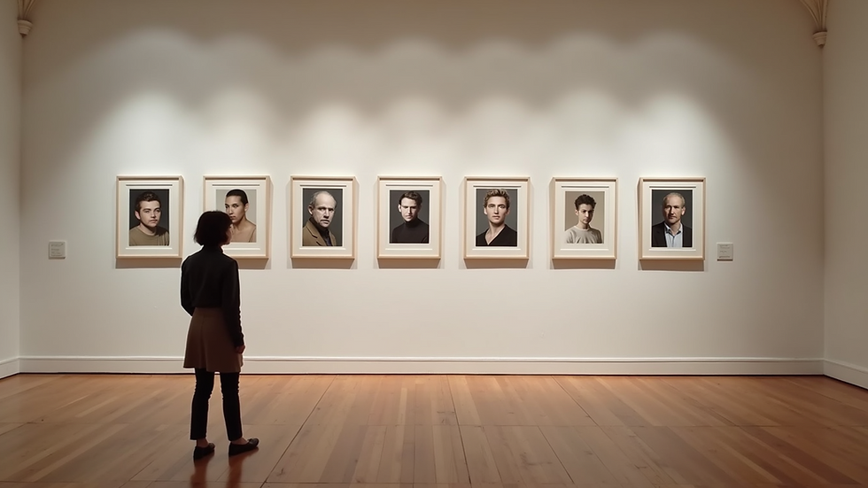 Wide angle view of a gallery wall displaying various portraits