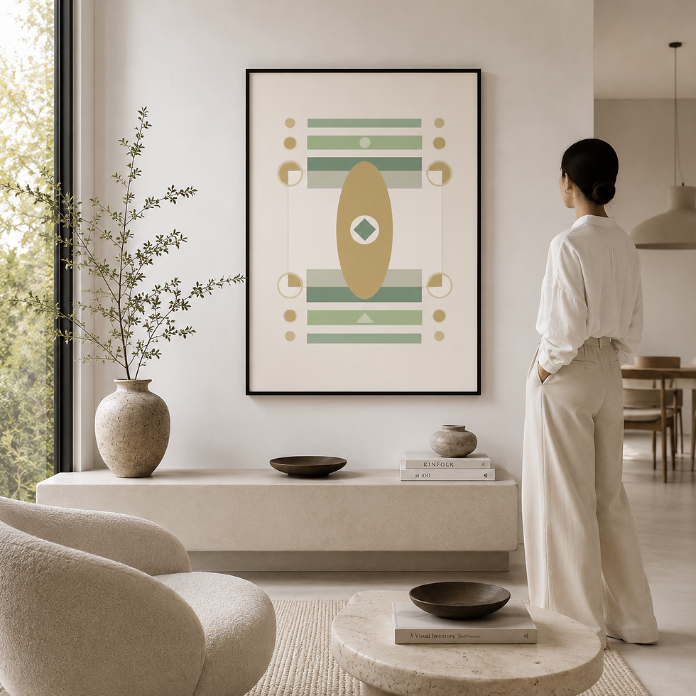 Quiet Awakening — limited edition framed geometric art, gold ellipse and sage tones, Pencil Spark Healing Forms 2026