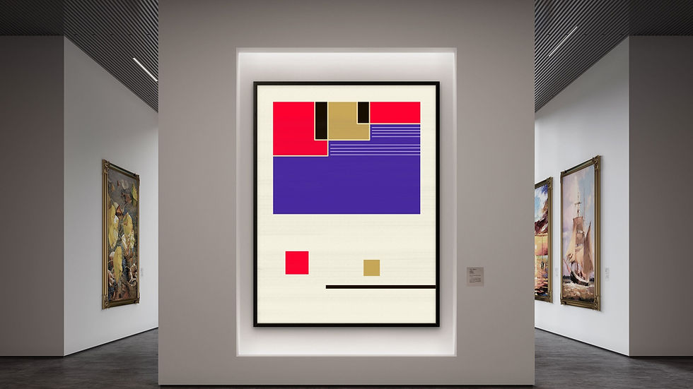 Modern art gallery with a large abstract geometric painting in red, purple and gold, flanked by framed paintings on white walls.
