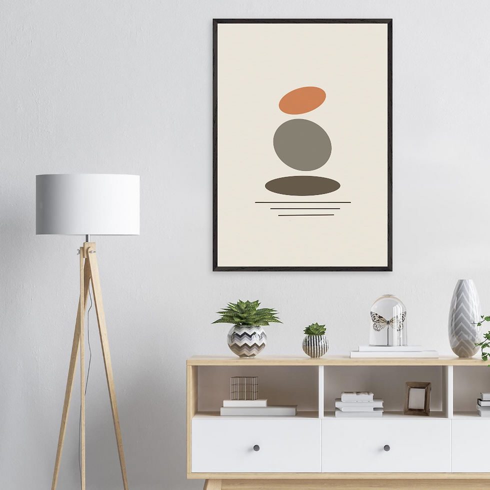 Held in Balance — limited edition framed zen minimalist stacked-form wall art, warm neutral tones, Pencil Spark 2026