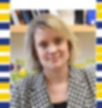 Dr. Jessica woman in a houndstooth jacket smiles in front of a bookshelf with books and yellow tulips. Background features colorful notes.
