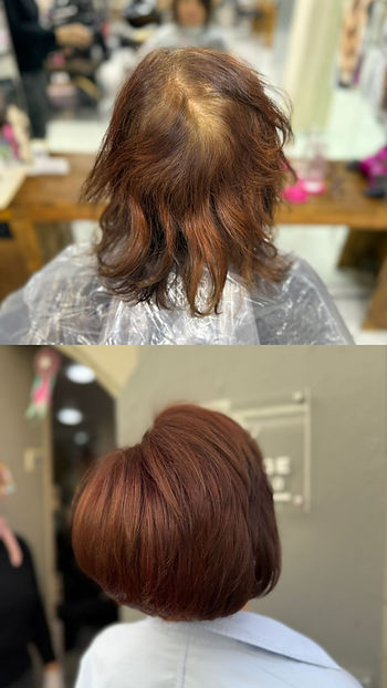 Vorher Nachher Ergebnis im Friseursalon Pro Studio Konstanz am Bodensee: Vorher mittellanges braunes Haar mit sichtbarem Ansatz und unruhigen Farbnuancen, nachher glänzender kupferbrauner Bob mit natürlichem Glanz durch Wella EOS Pflanzenfarbe, Olaplex Pflege und professionelle Farbveredelung mit Balayage Technik im Friseursalon Pro Studio Konstanz.