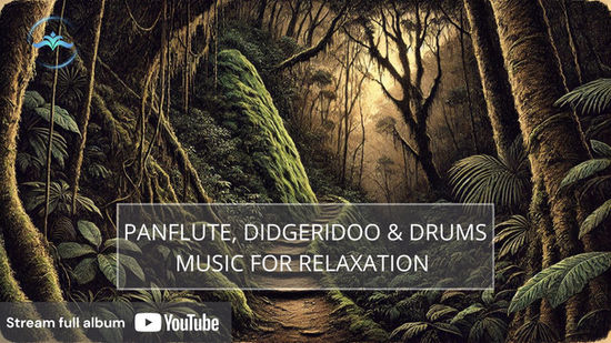 Album cover showing a tropical forest path with sunlight, representing panflute, didgeridoo, and drums music for relaxation by Somnysia.