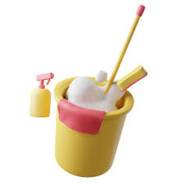 A yellow bouquet with cleaning supplies and a spray bottle outside