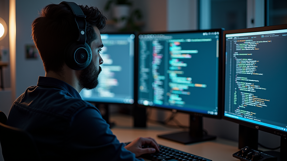 High angle view of a developer working on dual monitors with code