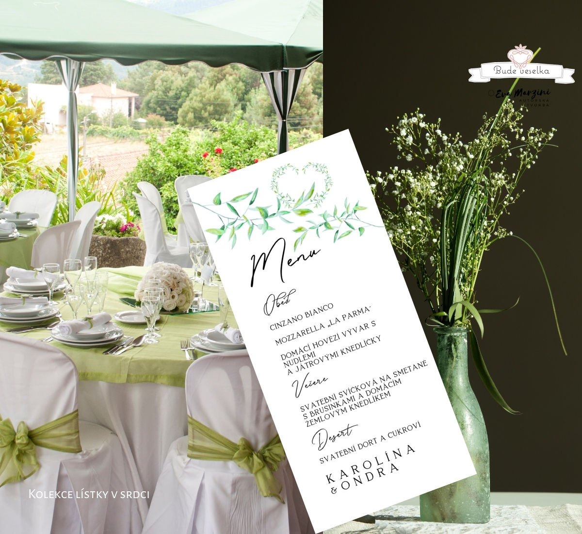 Svatební menu Lístky v srdci, bílá, 99x210 mm tištěné